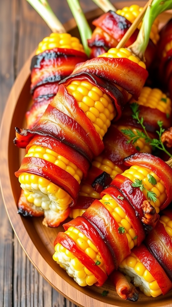 Bacon-wrapped corn on the cob on a wooden platter, garnished with herbs.